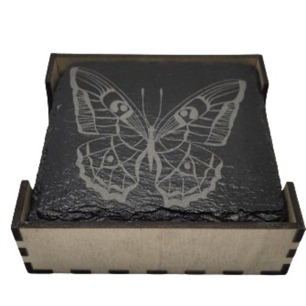 4 Inch Black Coasters Stone Coaster Set, Laser Engraving "Butterfly" Set of 4